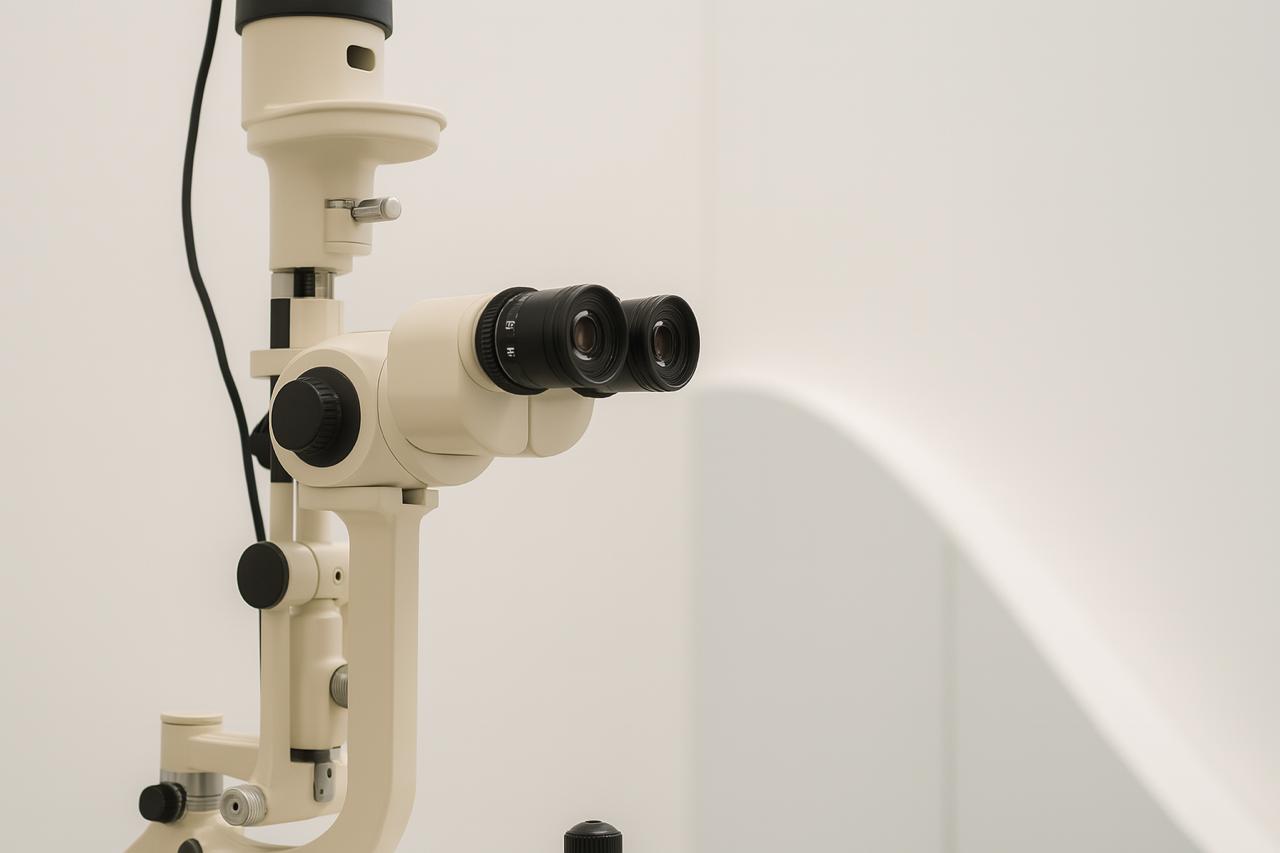 Patient undergoing an eye examination with a phoropter